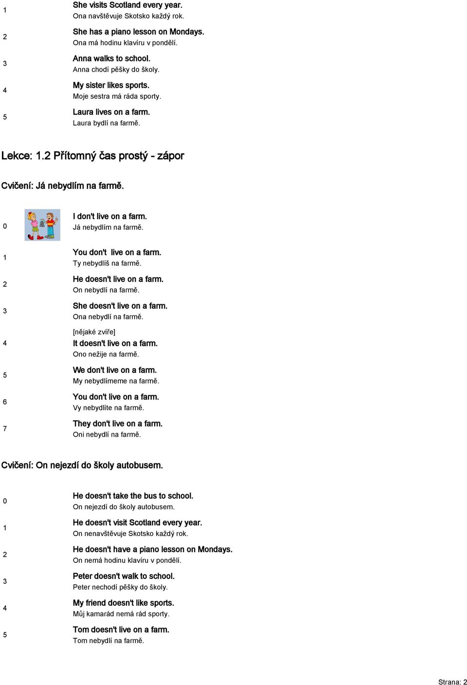 Já nebydlím na farmě. 6 7 You don't live on a farm. Ty nebydlíš na farmě. He doesn't live on a farm. On nebydlí na farmě. She doesn't live on a farm. Ona nebydlí na farmě.