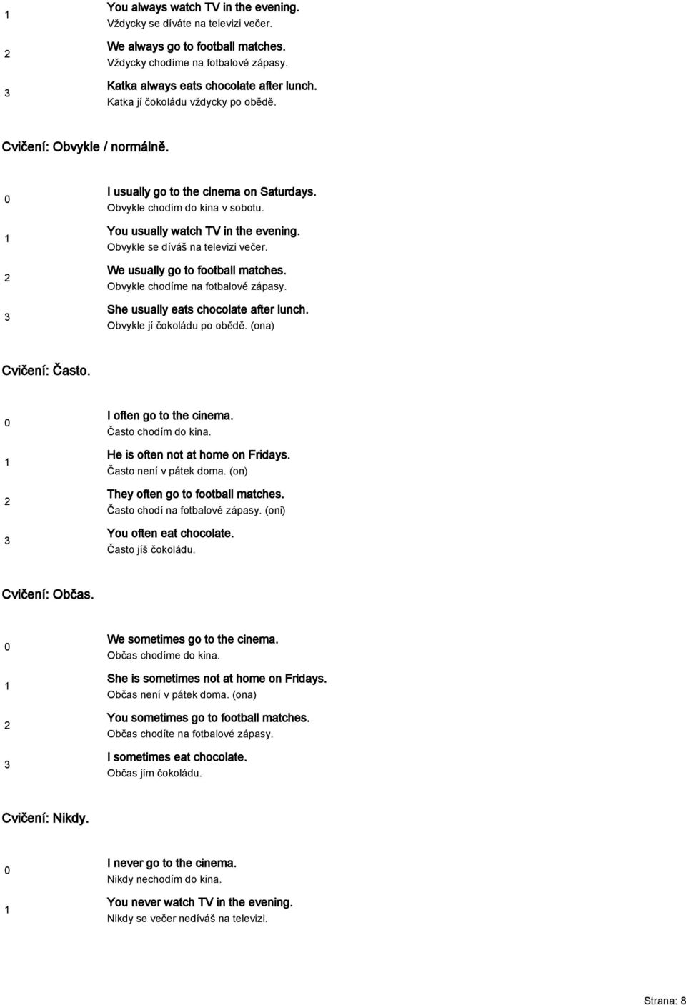 Obvykle se díváš na televizi večer. We usually go to football matches. Obvykle chodíme na fotbalové zápasy. She usually eats chocolate after lunch. Obvykle jí čokoládu po obědě. (ona) Cvičení: Často.