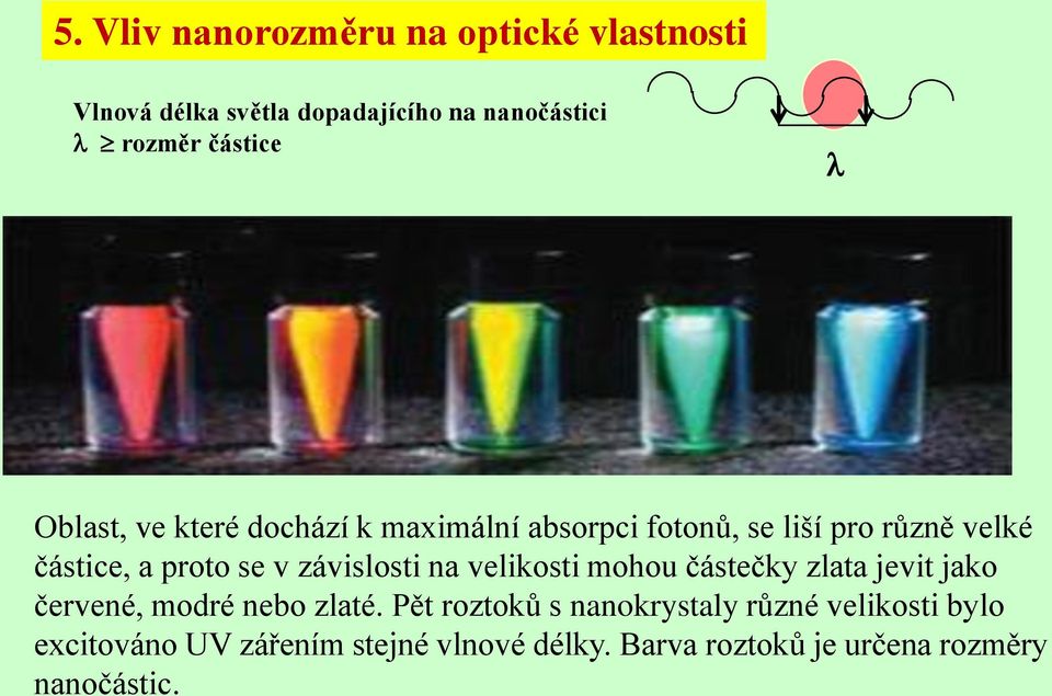 závislosti na velikosti mohou částečky zlata jevit jako červené, modré nebo zlaté.