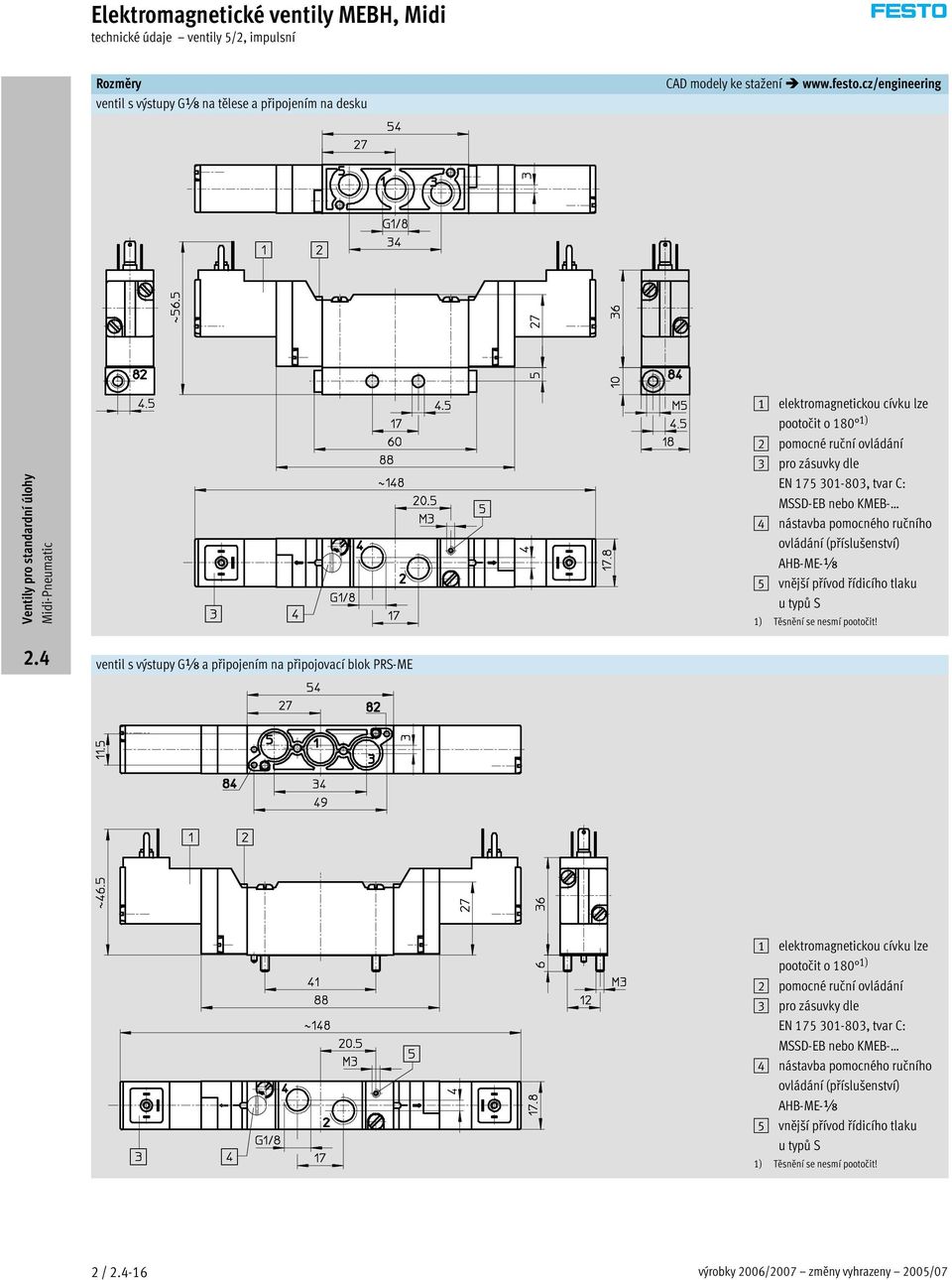 tlaku utypůs ventil s výstupy G a připojením na připojovací blok PRS-ME 3 pro zásuvky dle EN 175 301-803,