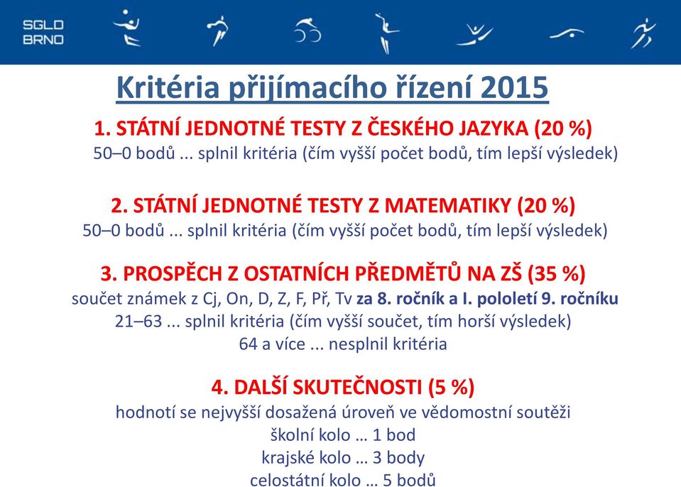 PROSPĚCH Z OSTATNÍCH PŘEDMĚTŮ NA ZŠ (35 %) součet známek z Cj, On, D, Z, F, Př, Tv za 8. ročník a I. pololetí 9. ročníku 21 63.