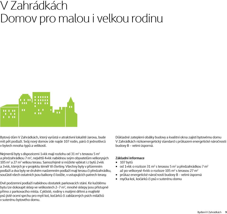 Nejmenší byty s dispozicemi 1+kk mají rozlohu od 31 m 2 s terasou 5 m 2 a předzahrádkou 7 m 2, největší 4+kk nabídnou svým obyvatelům velkorysých 105 m 2 a 27 m 2 velkou terasu.