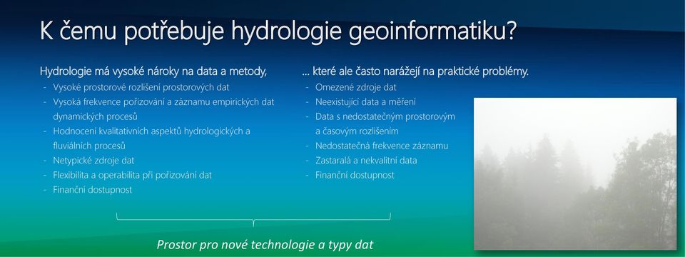 procesů - Hodnocení kvalitativních aspektů hydrologických a fluviálních procesů - Netypické zdroje dat - Flexibilita a operabilita při pořizování dat - Finanční
