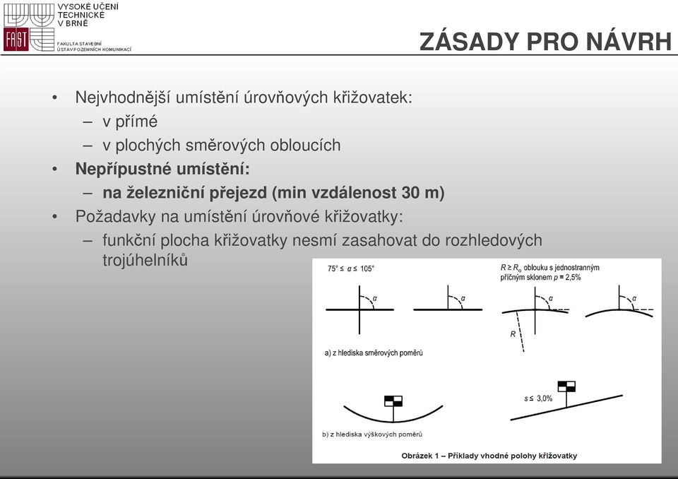 přejezd (min vzdálenost 30 m) Požadavky na umístění úrovňové