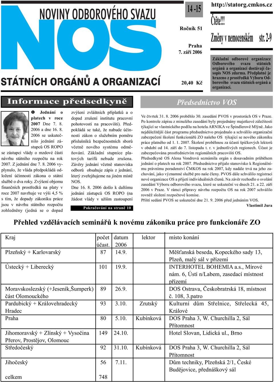 Informace předsedkyně ❶ Jednání o platech v roce 2007 Dne 7. 8. 2006 a dne 16. 8. 2006 se uskutečnilo jednání zástupců OS ROPO se zástupci vlády o mzdové části návrhu státního rozpočtu na rok 2007.