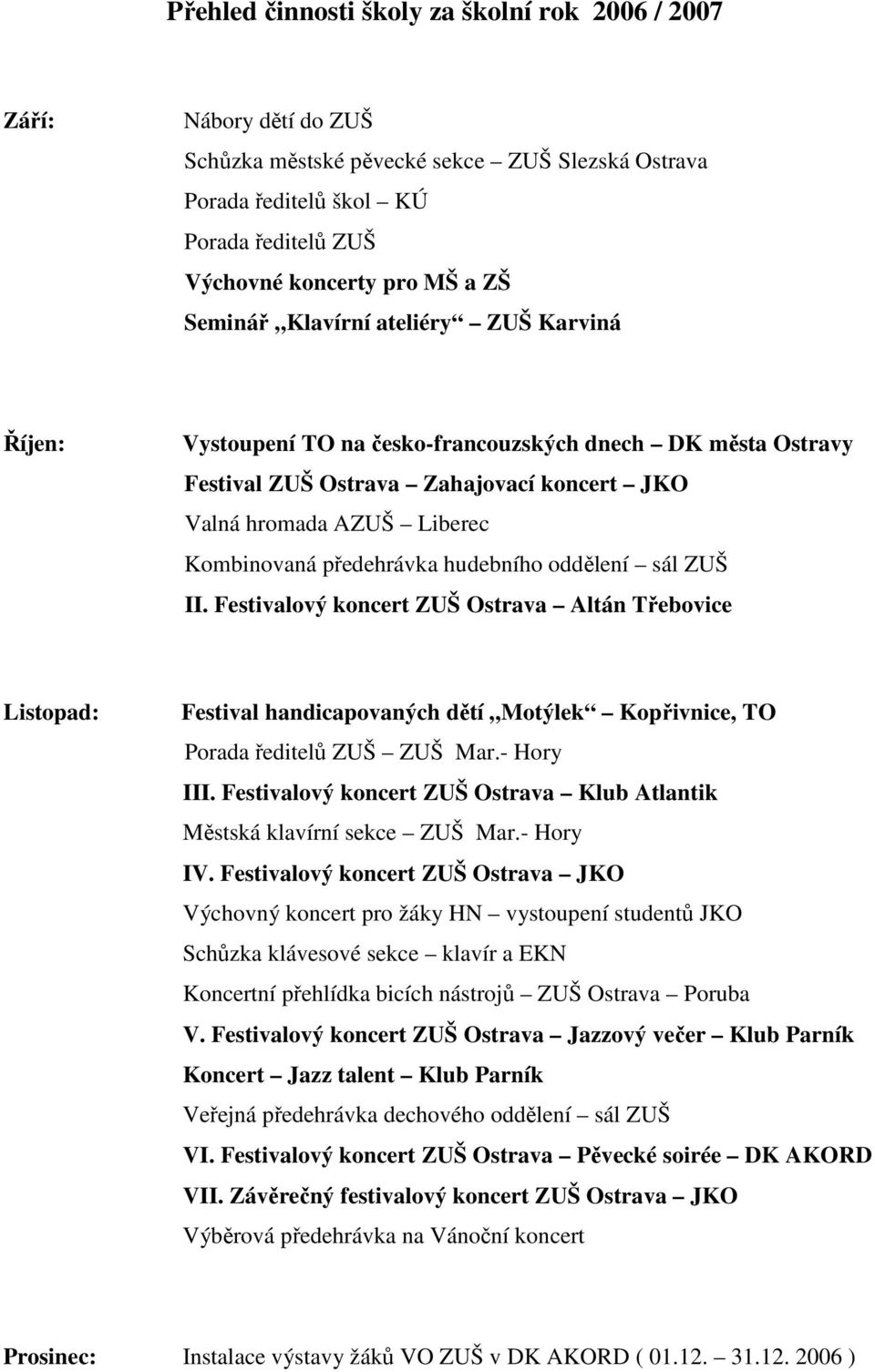 hudebního oddělení sál ZUŠ II. Festivalový koncert ZUŠ Ostrava Altán Třebovice Listopad: Festival handicapovaných dětí Motýlek Kopřivnice, TO Porada ředitelů ZUŠ ZUŠ Mar.- Hory III.