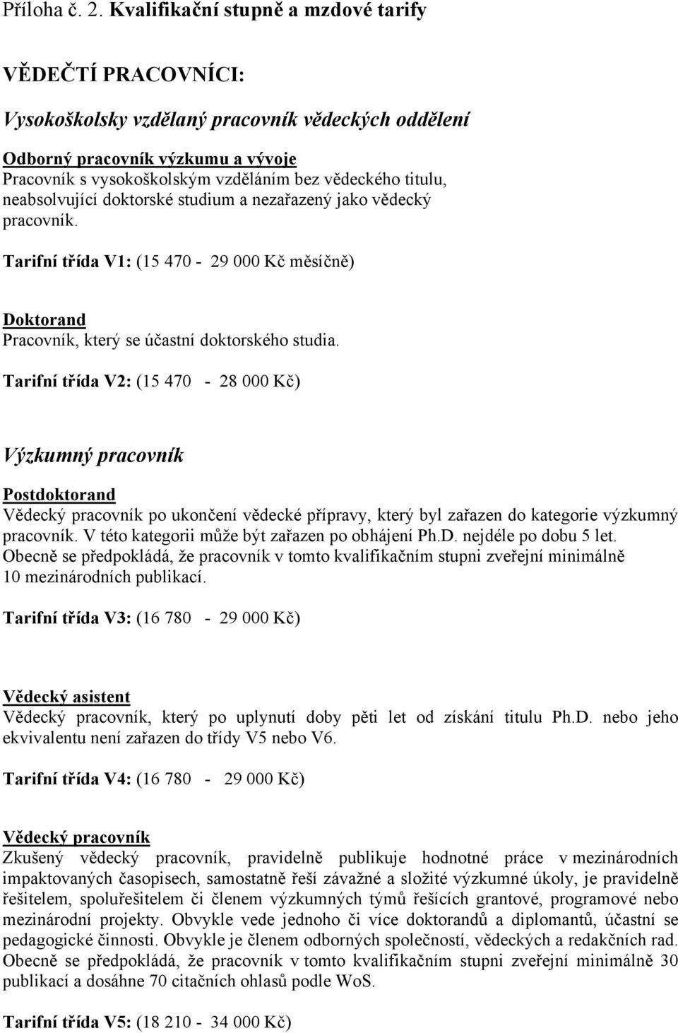 titulu, neabsolvující doktorské studium a nezařazený jako vědecký pracovník. Tarifní třída V1: (15 470-29 000 Kč měsíčně) Doktorand Pracovník, který se účastní doktorského studia.