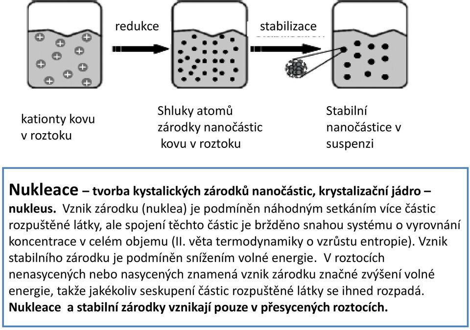 Vznik zárodku (nuklea) je podmíněn náhodným setkáním více částic rozpuštěné látky, ale spojení těchto částic je bržděno snahou systému o vyrovnání koncentrace v celém objemu (II.