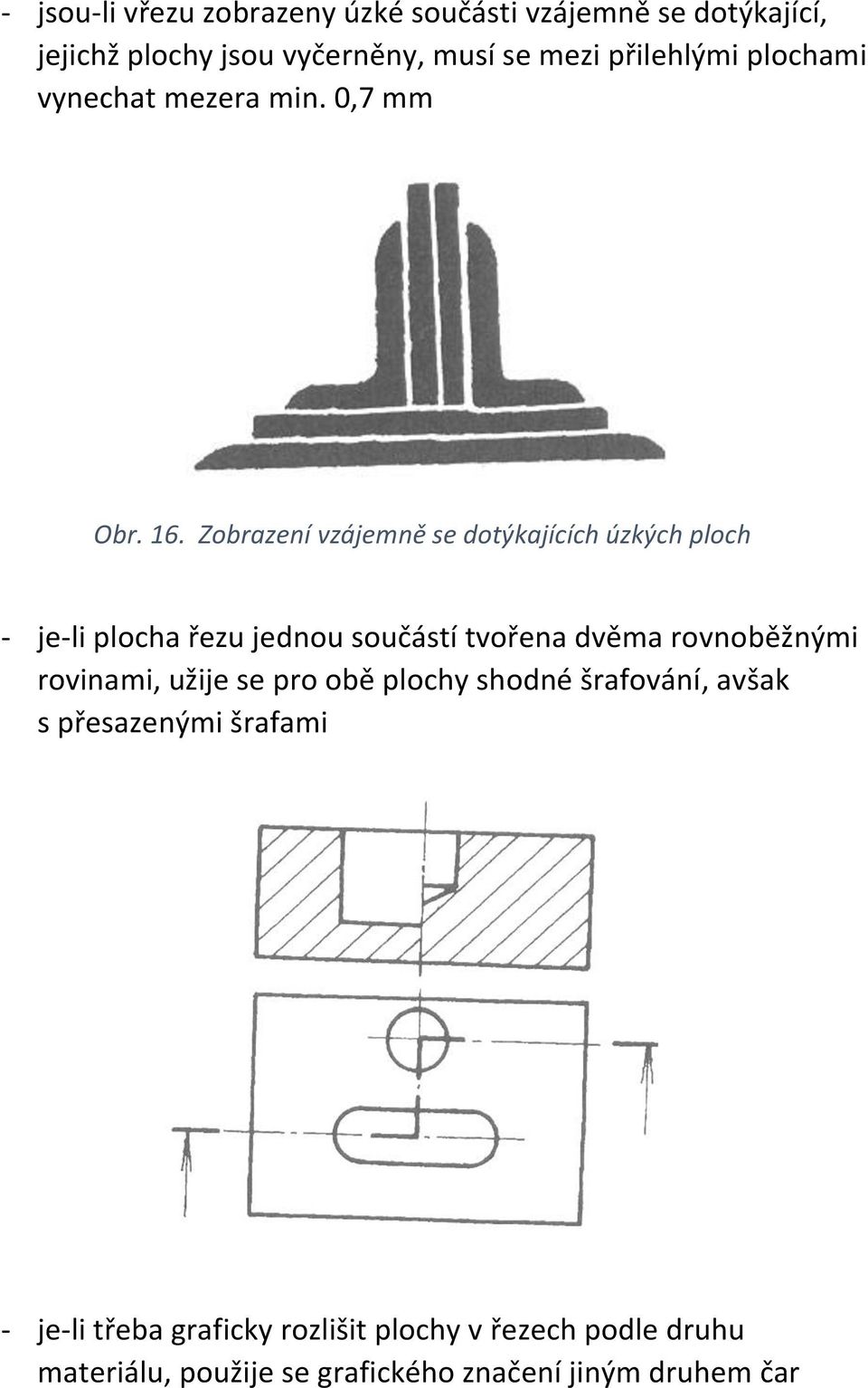 Zobrazení vzájemně se dotýkajících úzkých ploch - je-li plocha řezu jednou součástí tvořena dvěma rovnoběžnými