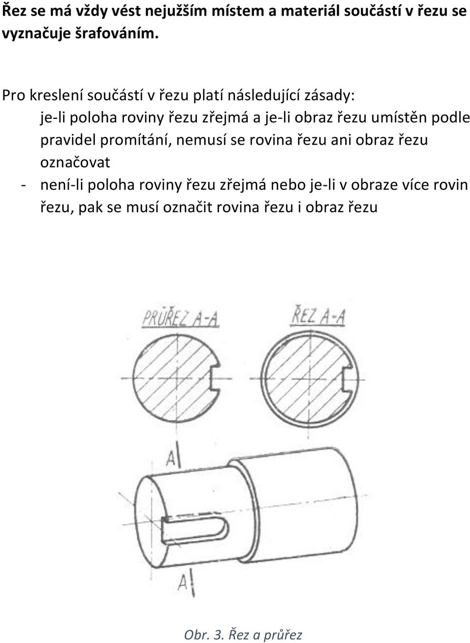 řezu umístěn podle pravidel promítání, nemusí se rovina řezu ani obraz řezu označovat - není-li poloha