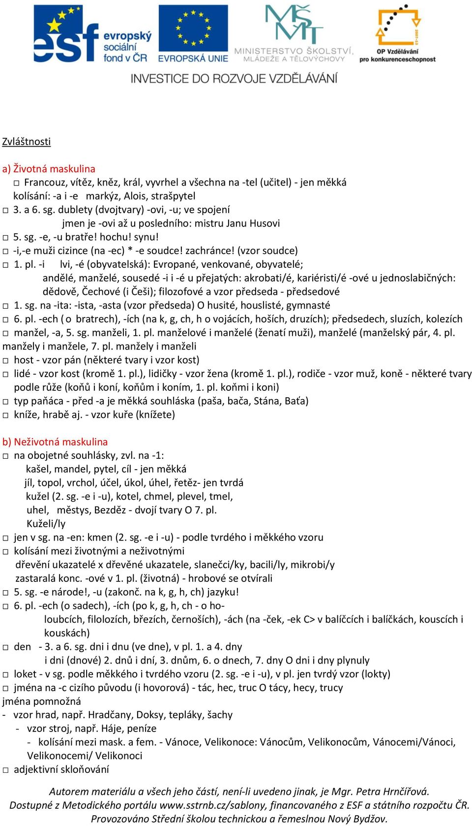 -i lvi, -é (obyvatelská): Evropané, venkované, obyvatelé; andělé, manželé, sousedé -i i -é u přejatých: akrobati/é, kariéristi/é -ové u jednoslabičných: dědově, Čechové (i Češi); filozofové a vzor