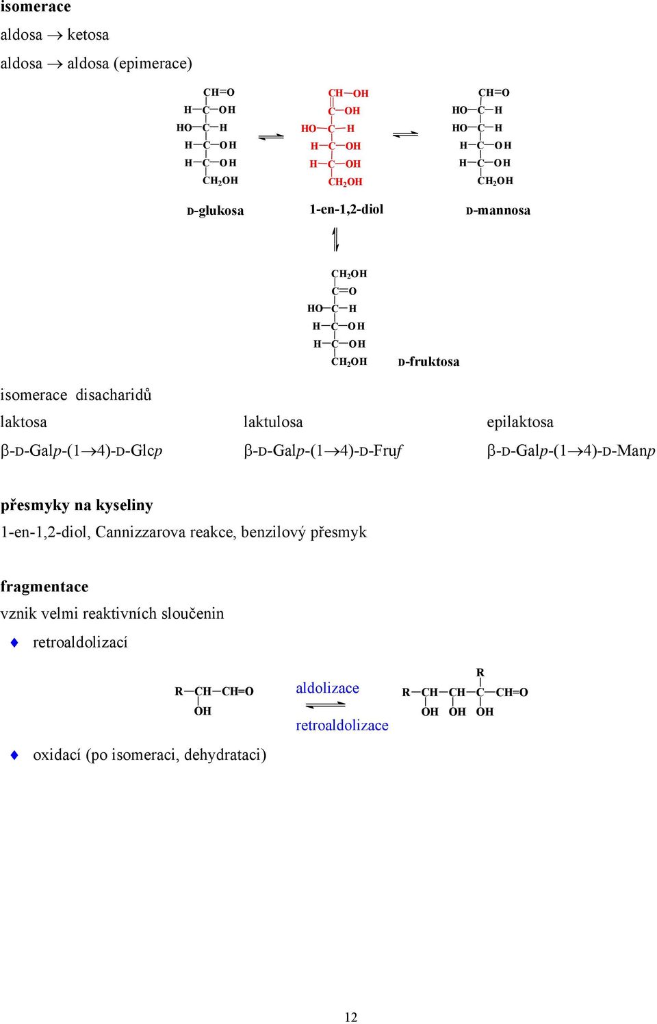 4)-D-Manp přesmyky na kyseliny -en-,-diol, annizzarova reakce, benzilový přesmyk fragmentace vznik