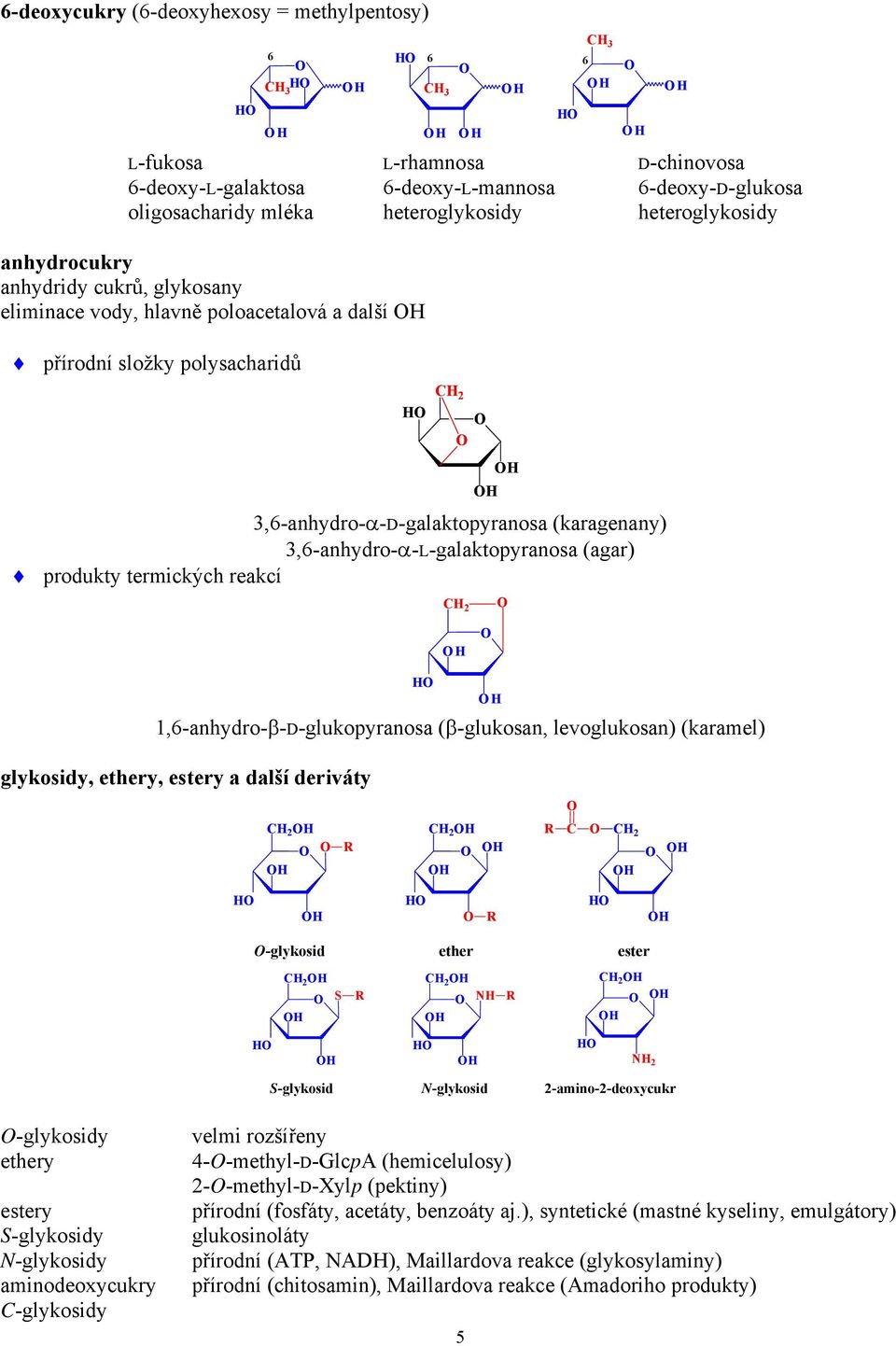 produkty termických reakcí,6-anhydro-β-d-glukopyranosa (β-glukosan, levoglukosan) (karamel) glykosidy, ethery, estery a další deriváty -glykosid ether ester S N N S-glykosid N-glykosid