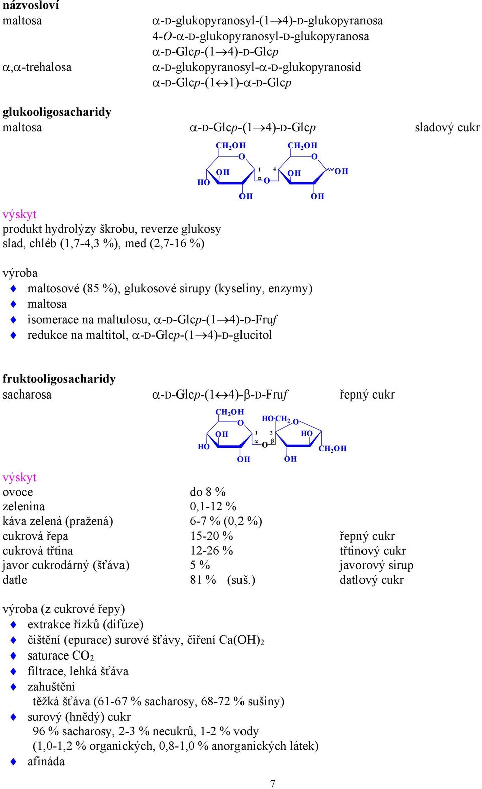(kyseliny, enzymy) maltosa isomerace na maltulosu, α-d-glcp-( 4)-D-Fruf redukce na maltitol, α-d-glcp-( 4)-D-glucitol fruktooligosacharidy sacharosa α-d-glcp-( 4)-β-D-Fruf řepný cukr α β výskyt ovoce