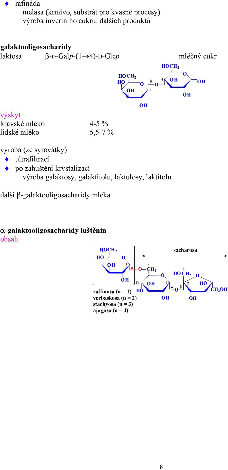 ultrafiltrací po zahuštění krystalizací výroba galaktosy, galaktitolu, laktulosy, laktitolu další β-galaktooligosacharidy