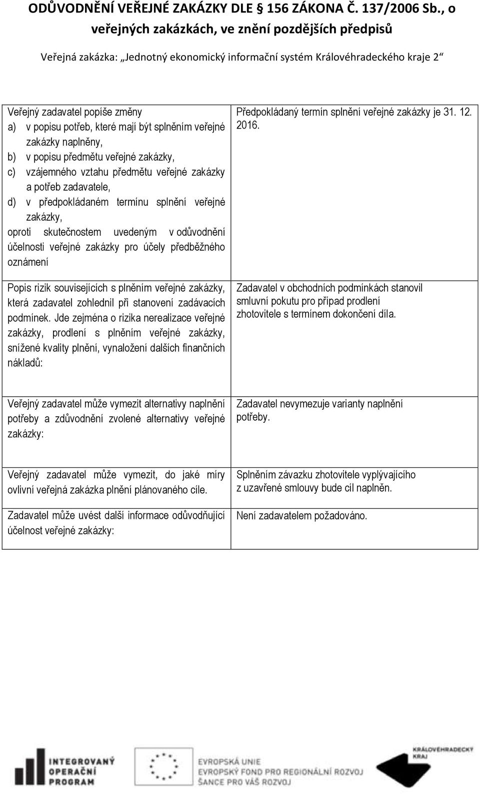 veřejné zakázky, která zadavatel zohlednil při stanovení zadávacích podmínek.