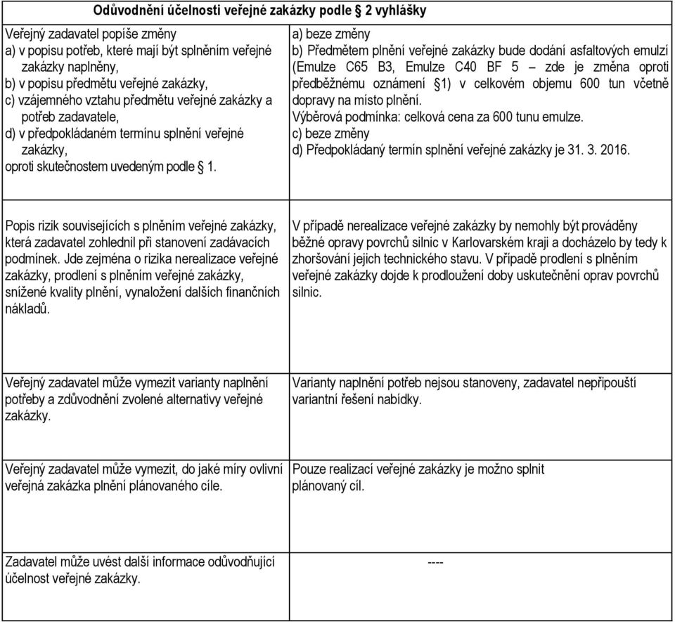a) beze změny b) Předmětem plnění veřejné zakázky bude dodání asfaltových emulzí (Emulze C65 B3, Emulze C40 BF 5 zde je změna oproti předběžnému oznámení 1) v celkovém objemu 600 tun včetně dopravy