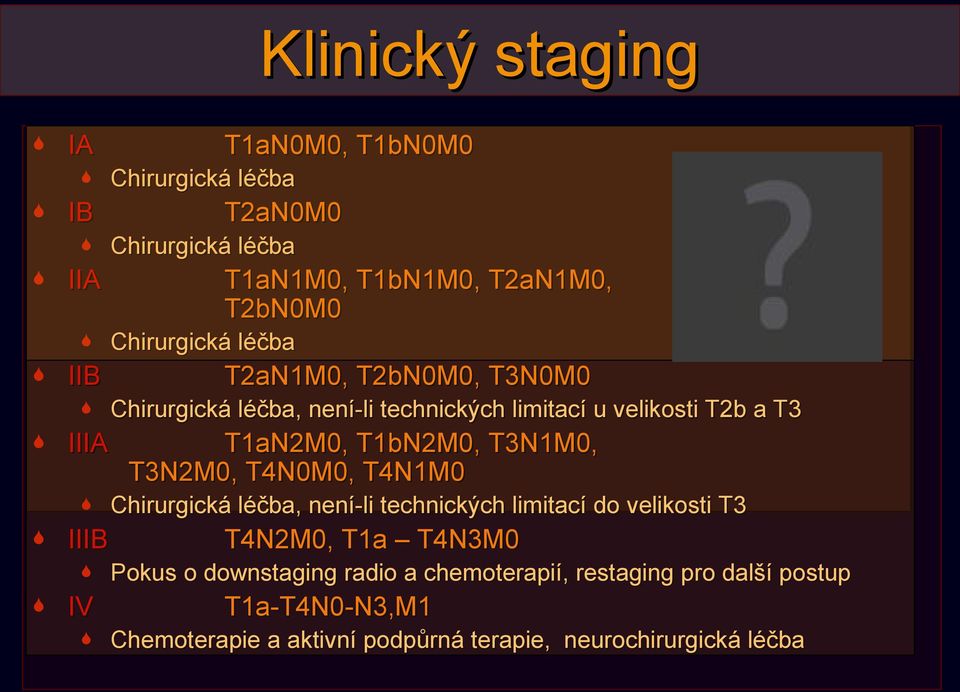 T1bN2M0, T3N1M0, T3N2M0, T4N0M0, T4N1M0 Chirurgická léčba, není-li technických limitací do velikosti T3 IIIB T4N2M0, T1a T4N3M0