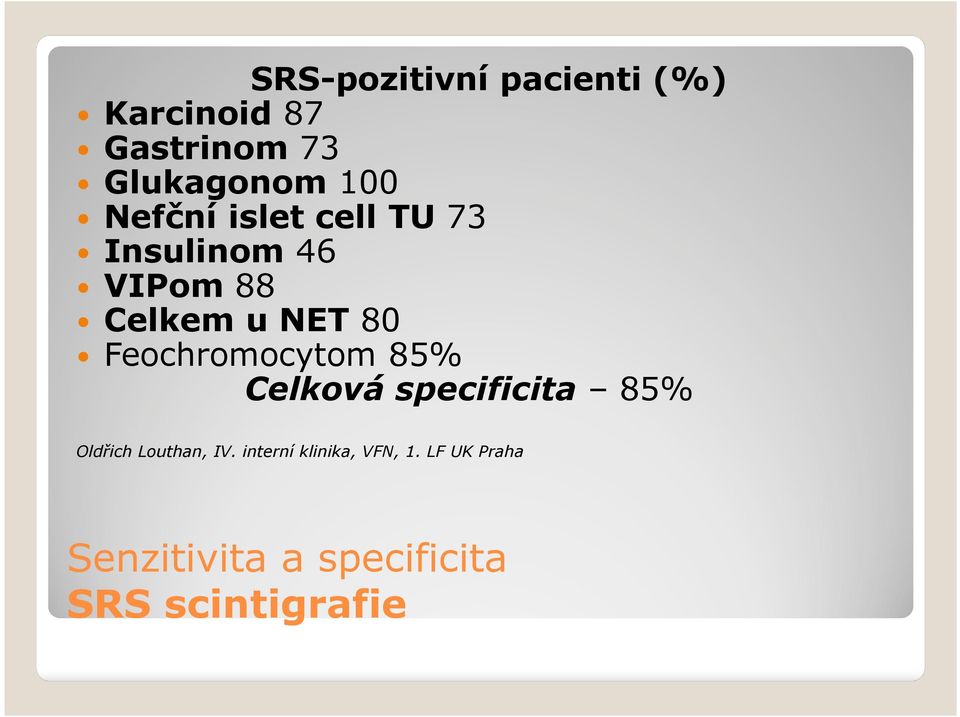 Feochromocytom 85% Celková specificita 85% Oldřich Louthan, IV.