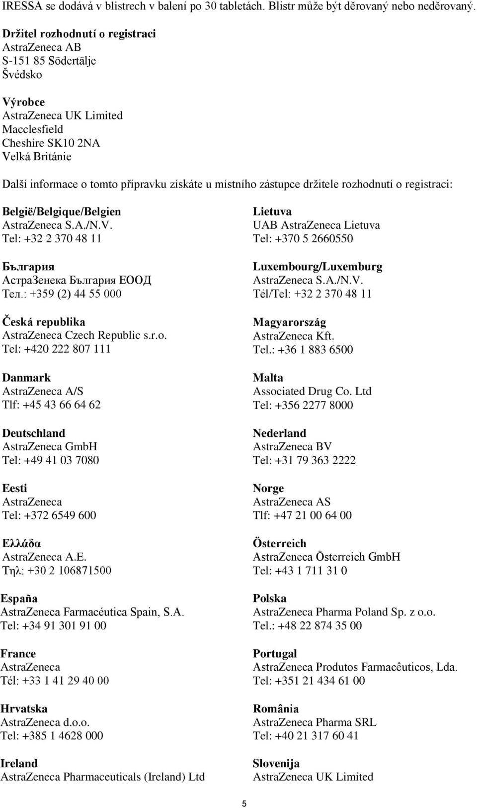 místního zástupce držitele rozhodnutí o registraci: België/Belgique/Belgien AstraZeneca S.A./N.V. Tel: +32 2 370 48 11 България АстраЗенека България ЕООД Тел.