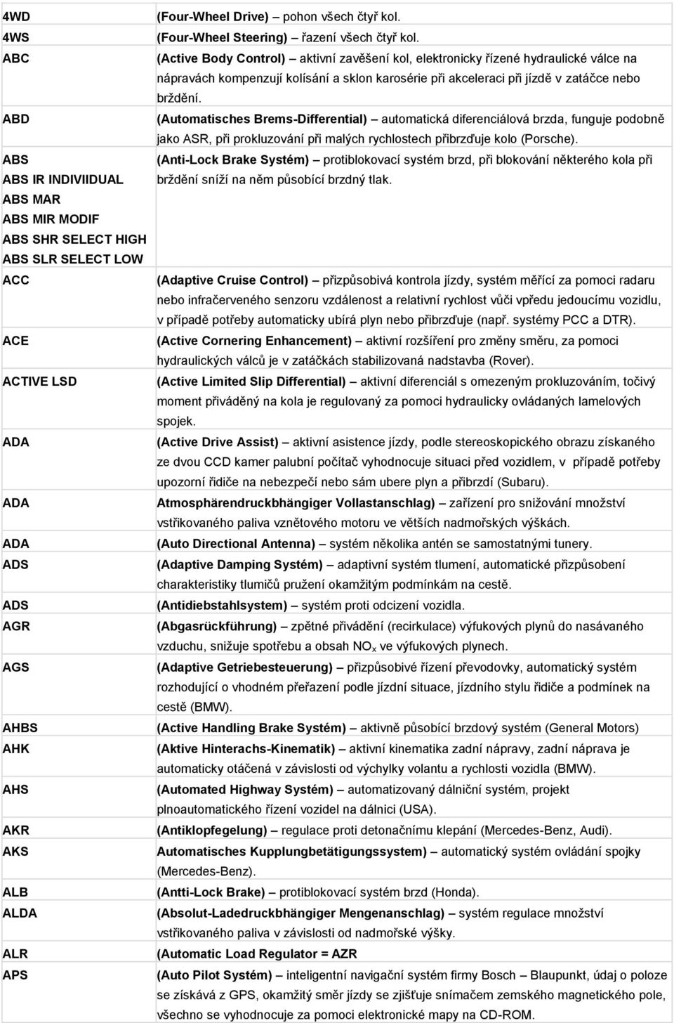 (Active Body Control) aktivní zavěšení kol, elektronicky řízené hydraulické válce na nápravách kompenzují kolísání a sklon karosérie při akceleraci při jízdě v zatáčce nebo brždění.