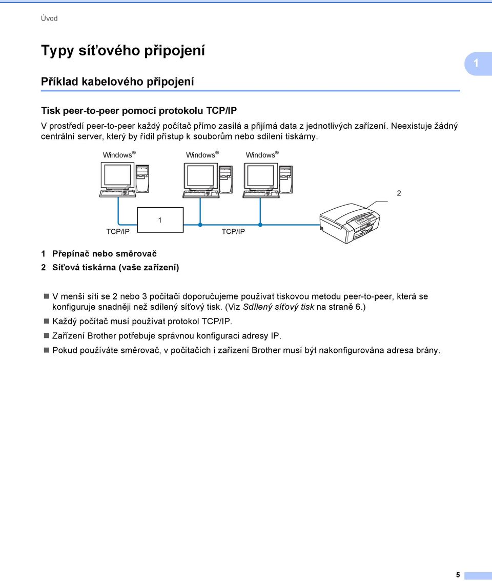 Windows Windows Windows 2 TCP/IP 1 TCP/IP 1 Přepínač nebo směrovač 2 Síñová tiskárna (vaše zařízení) V menší síti se 2 nebo 3 počítači doporučujeme používat tiskovou metodu peer-to-peer, která