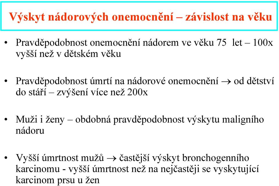 více než 200x Muži i ženy obdobná pravděpodobnost výskytu maligního nádoru Vyšší úmrtnost mužů