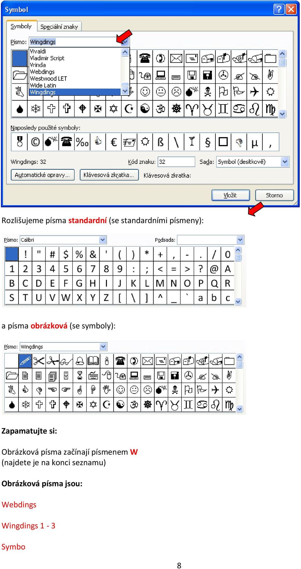 Obrázková písma začínají písmenem W (najdete je na