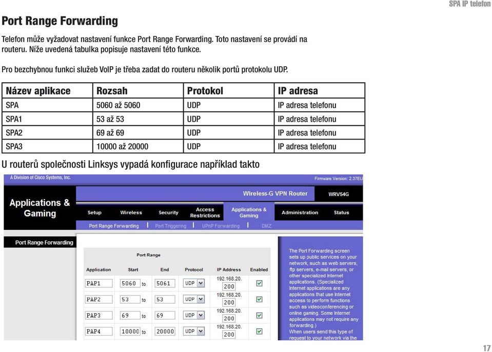 SPA IP telefon Pro bezchybnou funkci služeb VoIP je třeba zadat do routeru několik portů protokolu UDP.