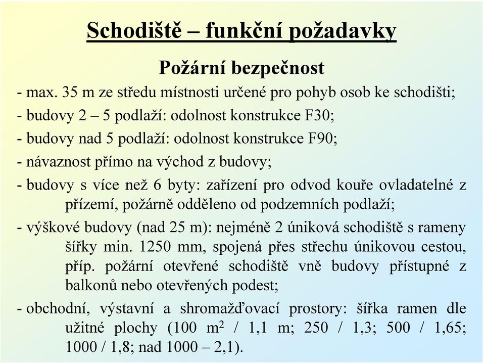 východ z budovy; - budovy s více než 6 byty: zařízení pro odvod kouře ovladatelné z přízemí, požárně odděleno od podzemních podlaží; - výškové budovy (nad 25 m): nejméně 2 úniková