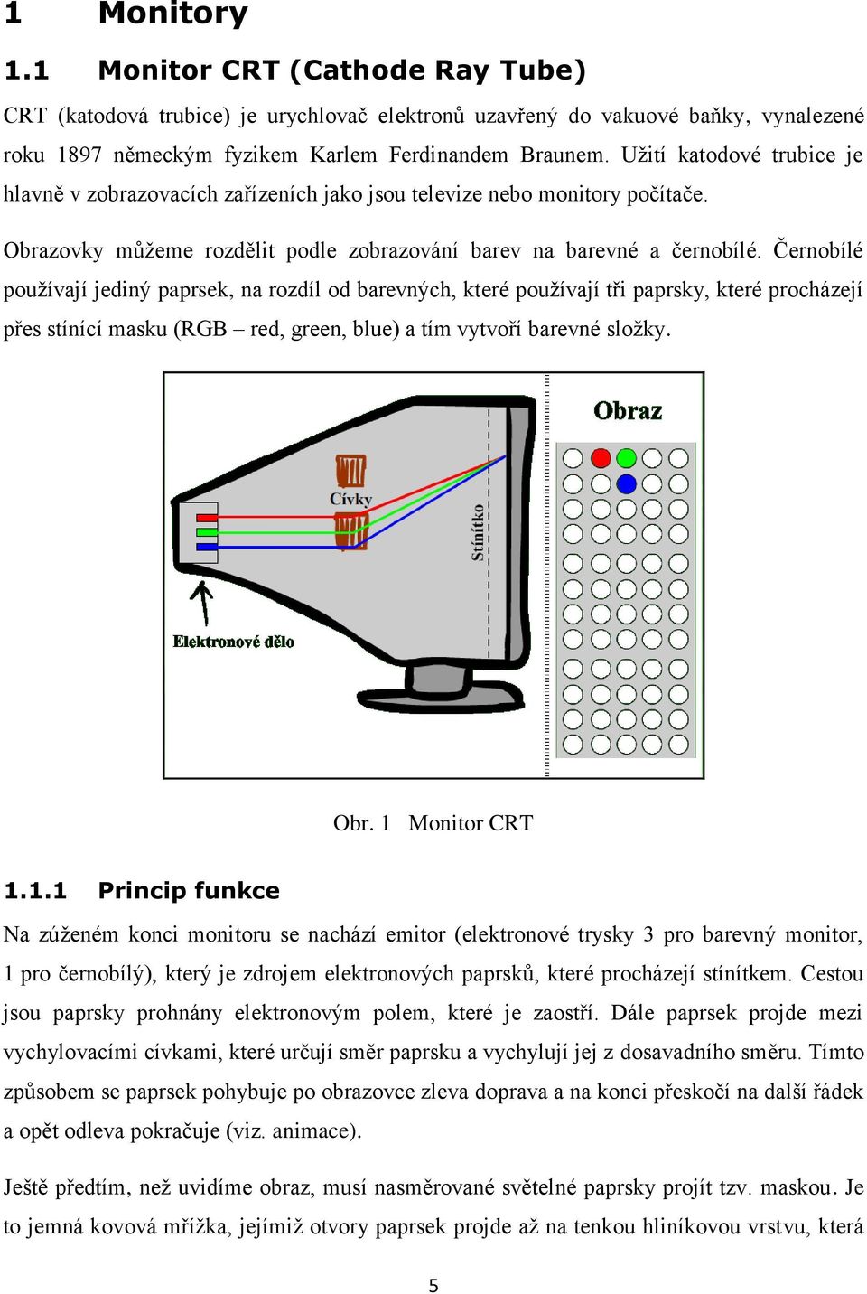 Černobílé používají jediný paprsek, na rozdíl od barevných, které používají tři paprsky, které procházejí přes stínící masku (RGB red, green, blue) a tím vytvoří barevné složky. Obr. 1 Monitor CRT 1.