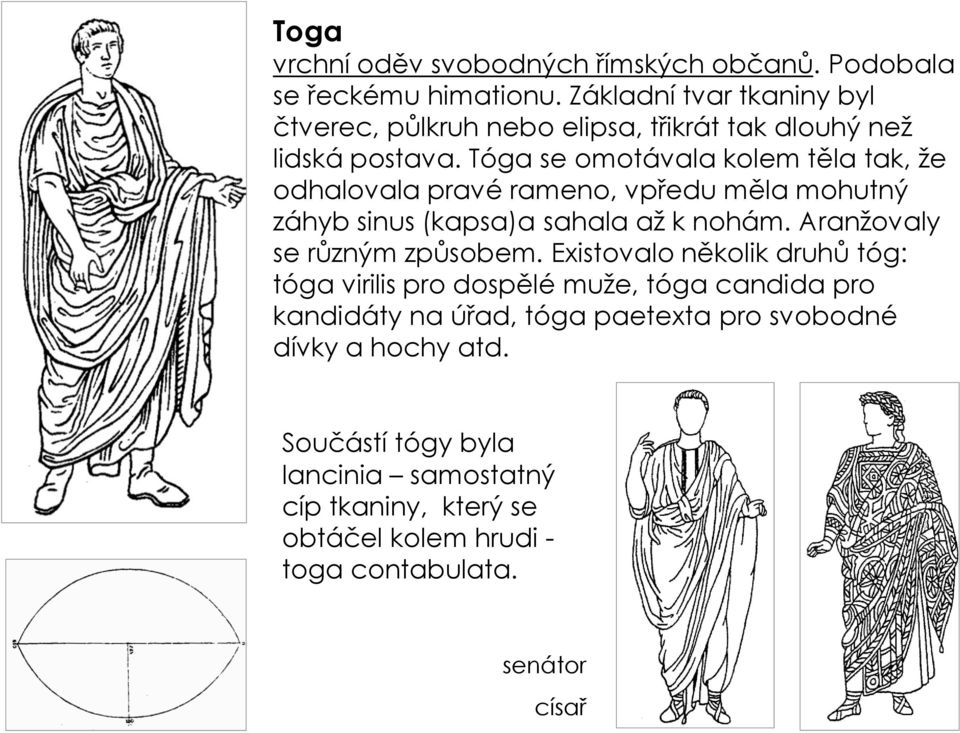 Tóga se omotávala kolem těla tak, že odhalovala pravé rameno, vpředu měla mohutný záhyb sinus (kapsa)a sahala až k nohám.