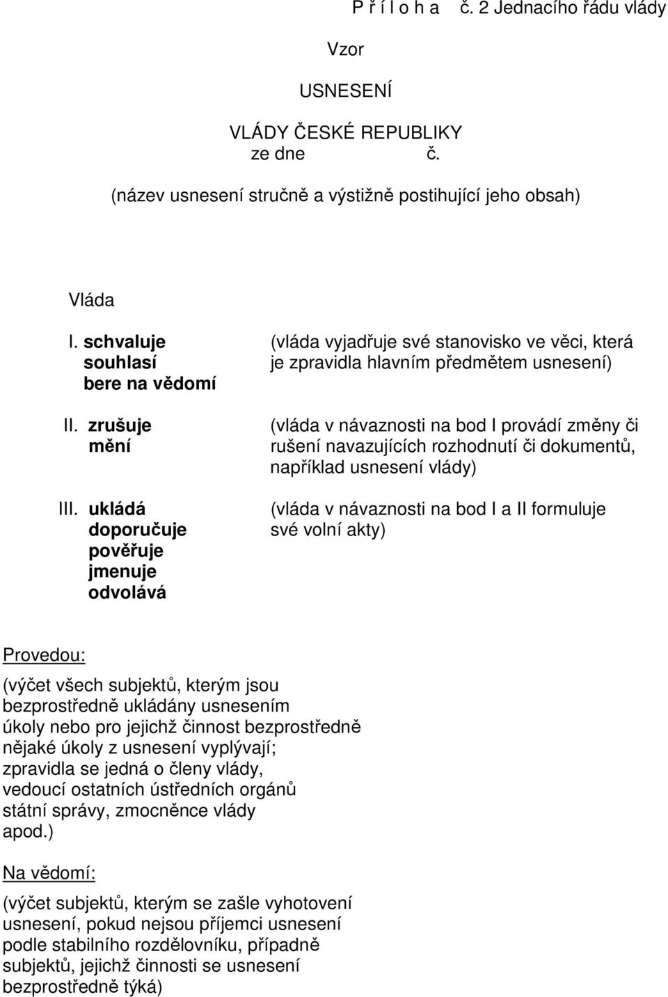 ukládá doporučuje pověřuje jmenuje odvolává (vláda v návaznosti na bod I provádí změny či rušení navazujících rozhodnutí či dokumentů, například usnesení vlády) (vláda v návaznosti na bod I a II