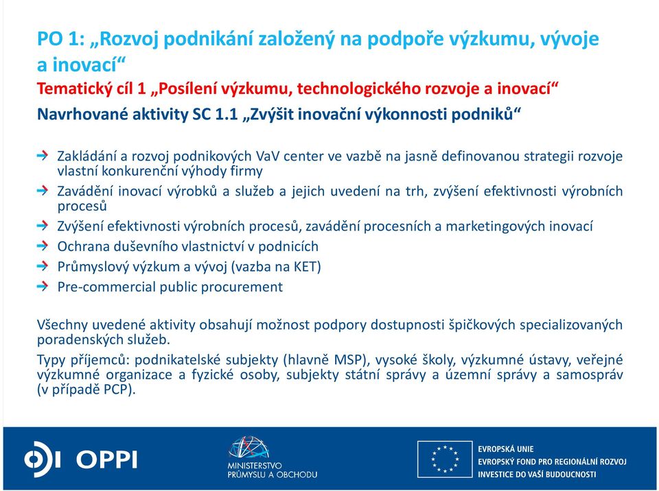 jejich uvedení na trh, zvýšení efektivnosti výrobních procesů Zvýšení efektivnosti výrobních procesů, zavádění procesních a marketingových inovací Ochrana duševního vlastnictví v podnicích Průmyslový