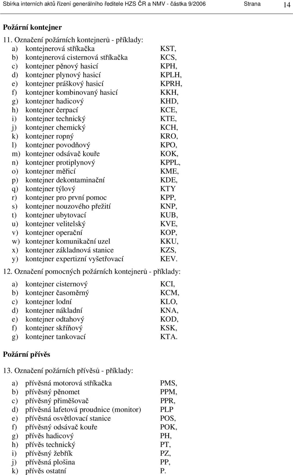 práškový hasicí KPRH, f) kontejner kombinovaný hasicí KKH, g) kontejner hadicový KHD, h) kontejner čerpací KCE, i) kontejner technický KTE, j) kontejner chemický KCH, k) kontejner ropný KRO, l)