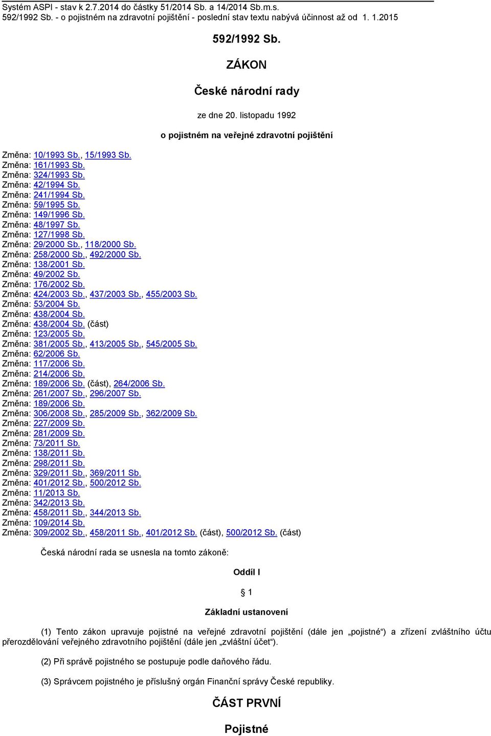 Změna: 241/1994 Sb. Změna: 59/1995 Sb. Změna: 149/1996 Sb. Změna: 48/1997 Sb. Změna: 127/1998 Sb. Změna: 29/2000 Sb., 118/2000 Sb. Změna: 258/2000 Sb., 492/2000 Sb. Změna: 138/2001 Sb.