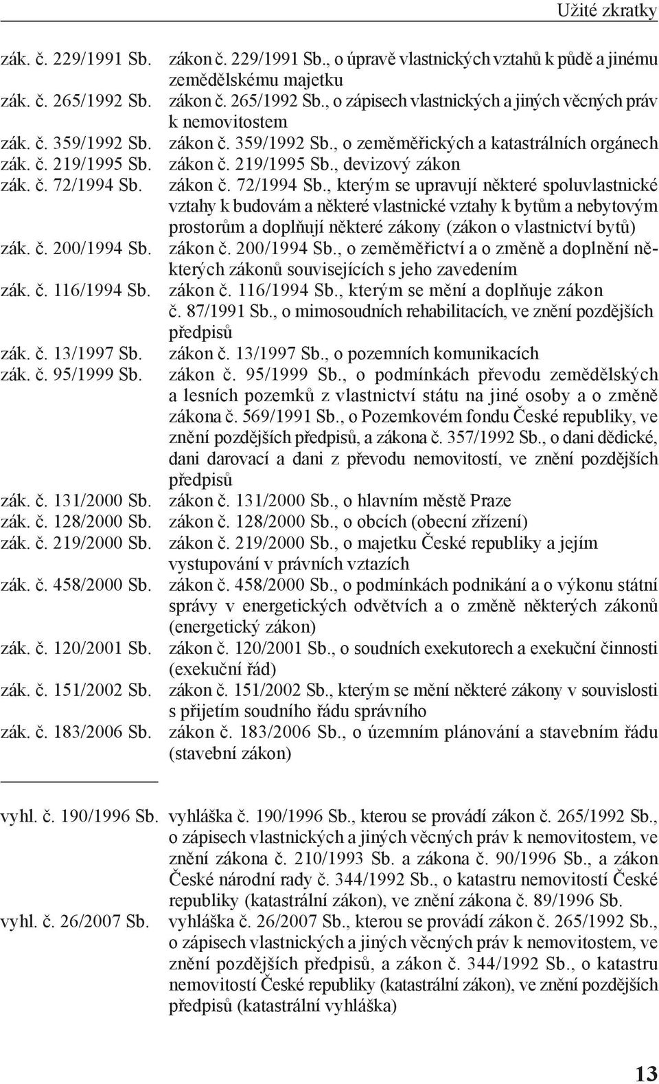 , o úpravě vlastnických vztahů k půdě a jinému zemědělskému majetku zákon č. 265/1992 Sb., o zápisech vlastnických a jiných věcných práv k nemovitostem zákon č. 359/1992 Sb.
