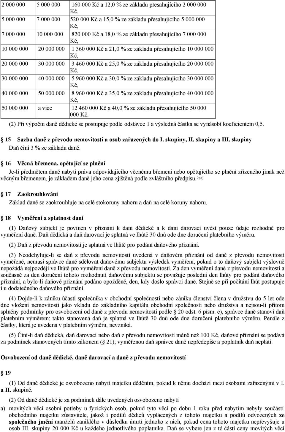 000 40 000 000 5 960 000 Kč a 30,0 % ze základu přesahujícího 30 000 000 40 000 000 50 000 000 8 960 000 Kč a 35,0 % ze základu přesahujícího 40 000 000 50 000 000 a více 12 460 000 Kč a 40,0 % ze