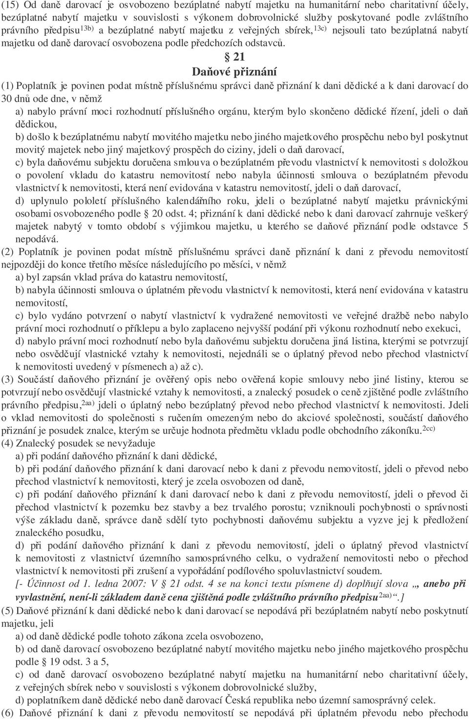 21 Daové piznání (1) Poplatník je povinen podat místn píslušnému správci dan piznání k dani ddické a k dani darovací do 30 dn ode dne, v nmž a) nabylo právní moci rozhodnutí píslušného orgánu, kterým