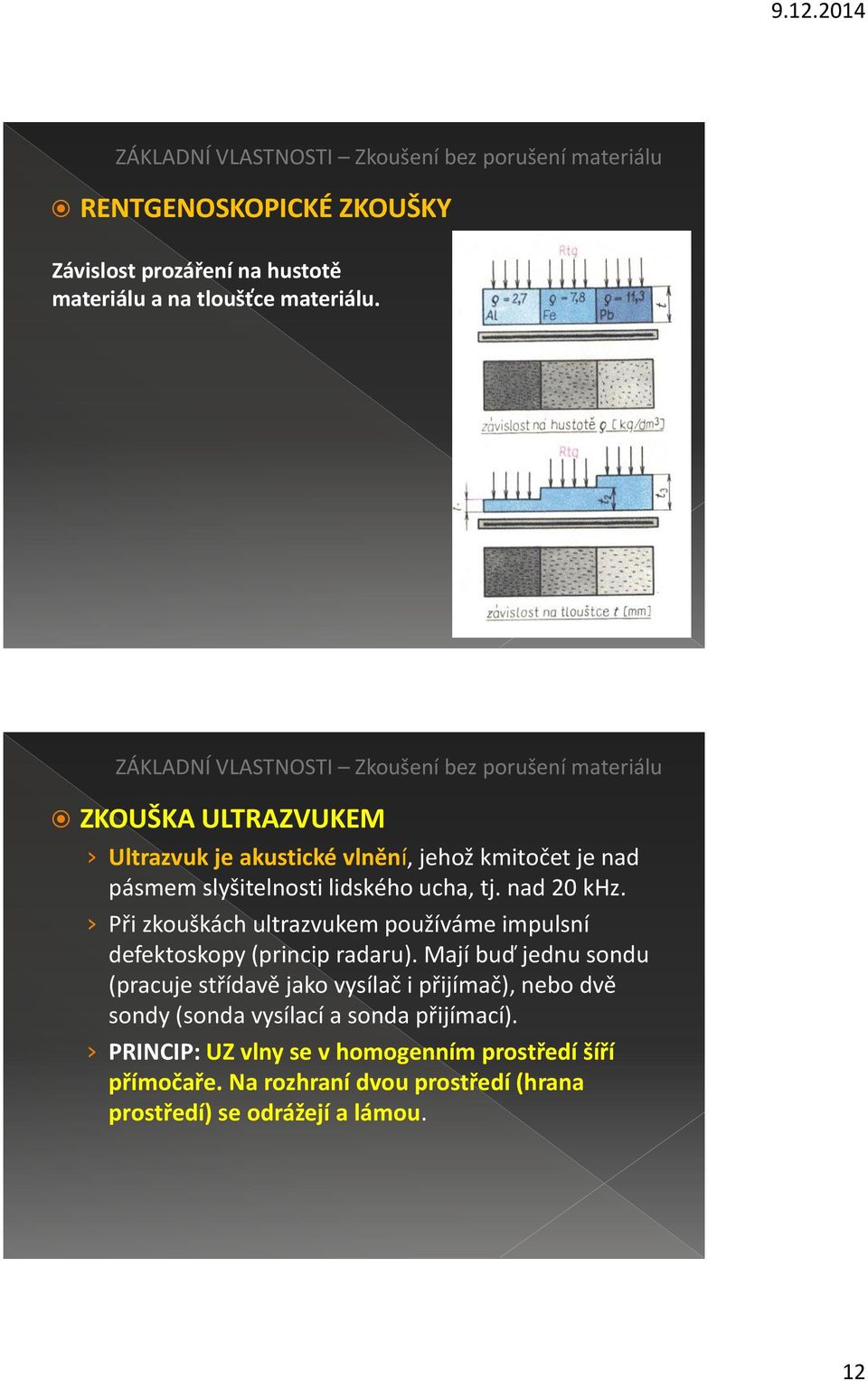 Při zkouškách ultrazvukem používáme impulsní defektoskopy (princip radaru).