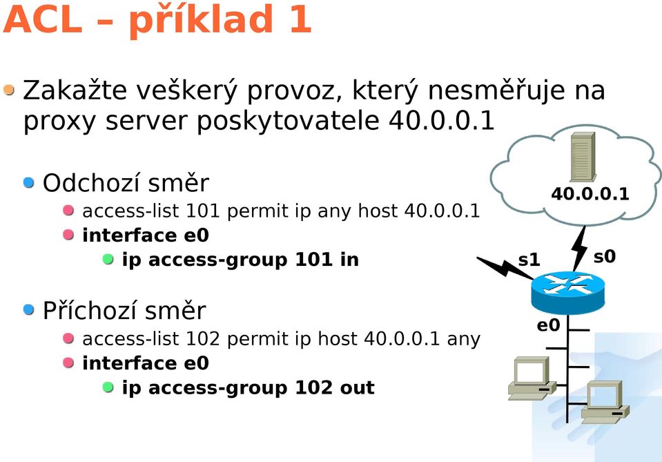 0.0.1 interface e0 ip access-group 101 in Příchozí směr access-list