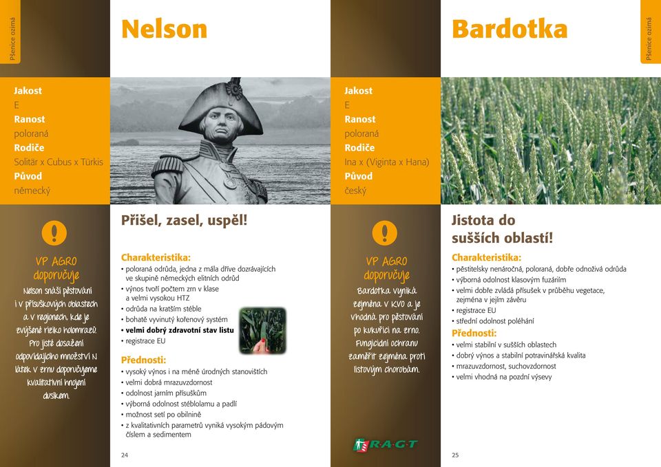 Pro jisté dosažení poloraná odrůda, jedna z mála dříve dozrávajících ve skupině ch elitních odrůd výnos tvoří počtem zrn v klase a velmi vysokou HTZ odrůda na kratším stéble bohatě vyvinutý kořenový