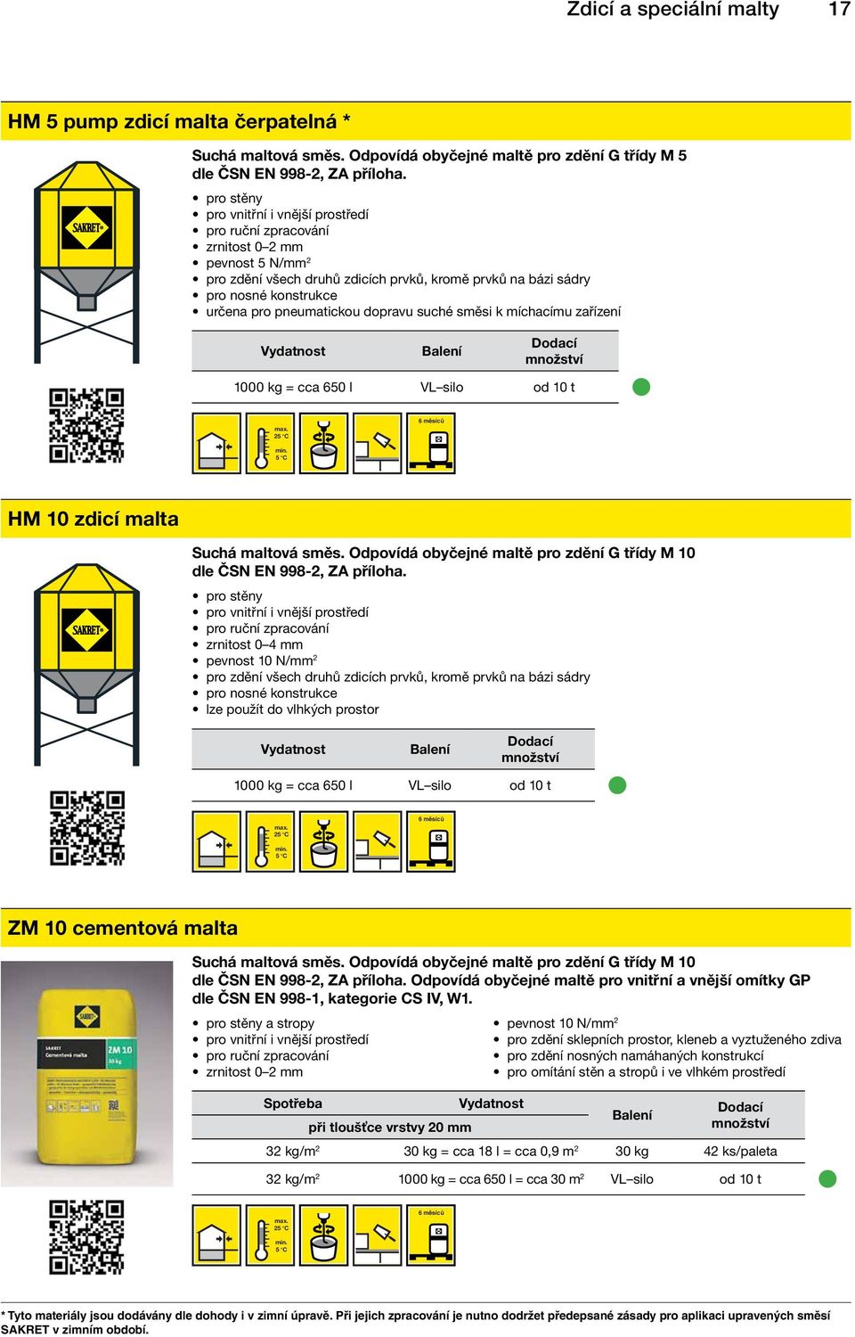 l VL silo od 10 t 2 HM 10 zdicí malta Suchá maltová směs. Odpovídá obyčejné maltě pro zdění G třídy M 10 dle ČSN EN 998-2, ZA příloha.