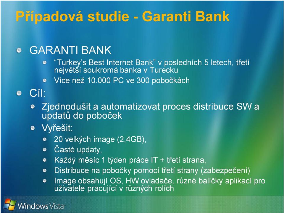 000 PC ve 300 pobočkách Zjednodušit a automatizovat proces distribuce SW a updatů do poboček Vyřešit: 20 velkých image