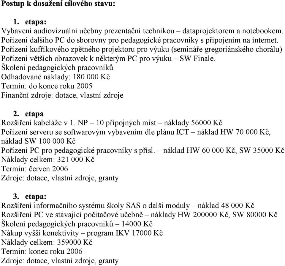 Školení pedagogických pracovníků Odhadované náklady: 180 000 Kč Termín: do konce roku 2005 Finanční zdroje: dotace, vlastní zdroje Rozšíření kabeláže v 1.