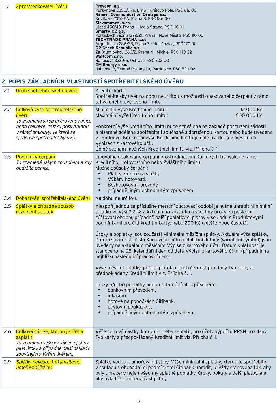 r.o. Roháčova 3339/5, Ostrava, PSČ 702 00 ZM Energy s.r.o. Jahnova 8, Zelené Předměstí, Pardubice, PSČ 530 02 2. Popis základních vlastností spotřebitelského úvěru 2.