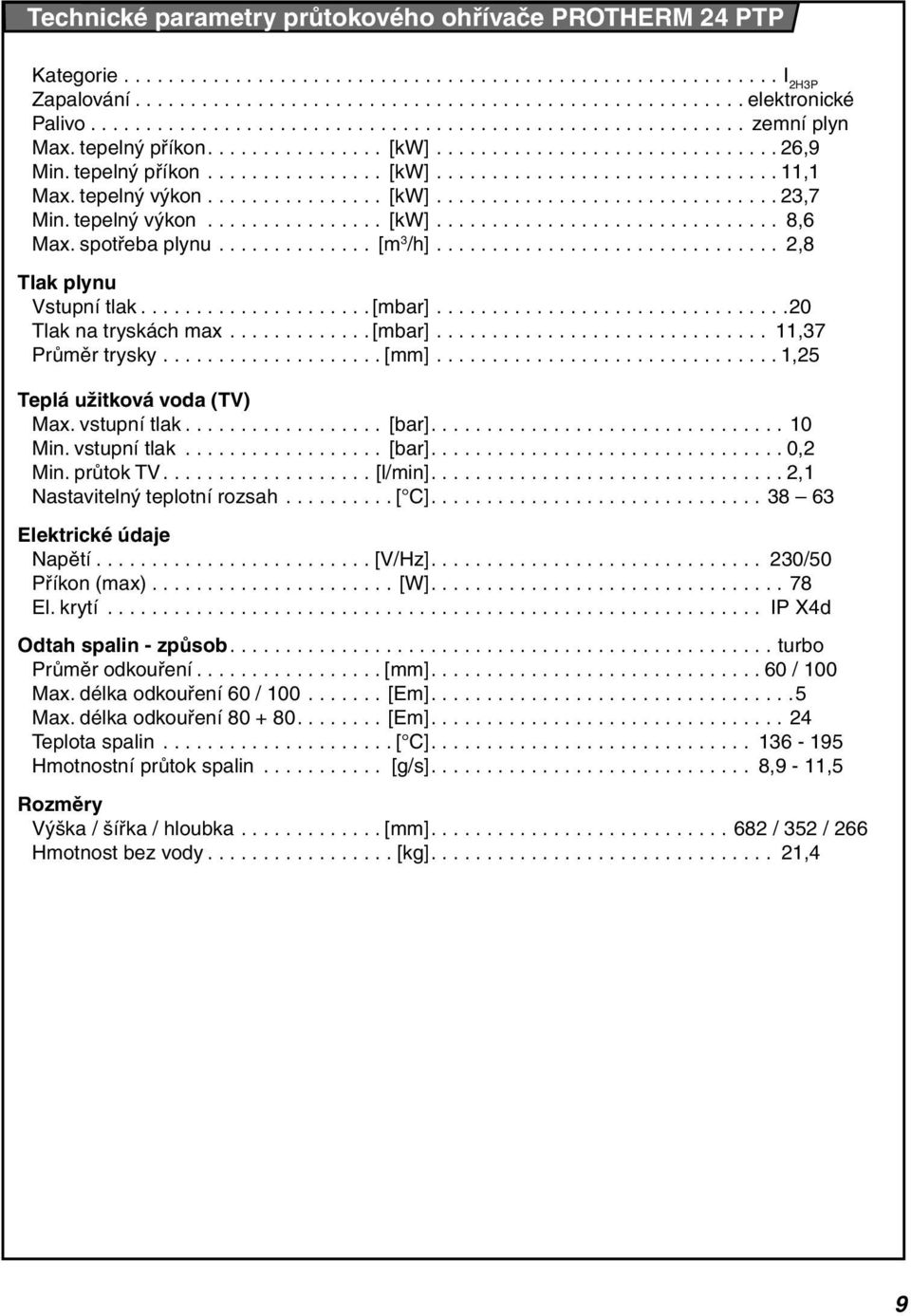tepelný výkon................ [kw]............................... 23,7 Min. tepelný výkon................ [kw]............................... 8,6 Max. spotřeba plynu.............. [m 3 /h].