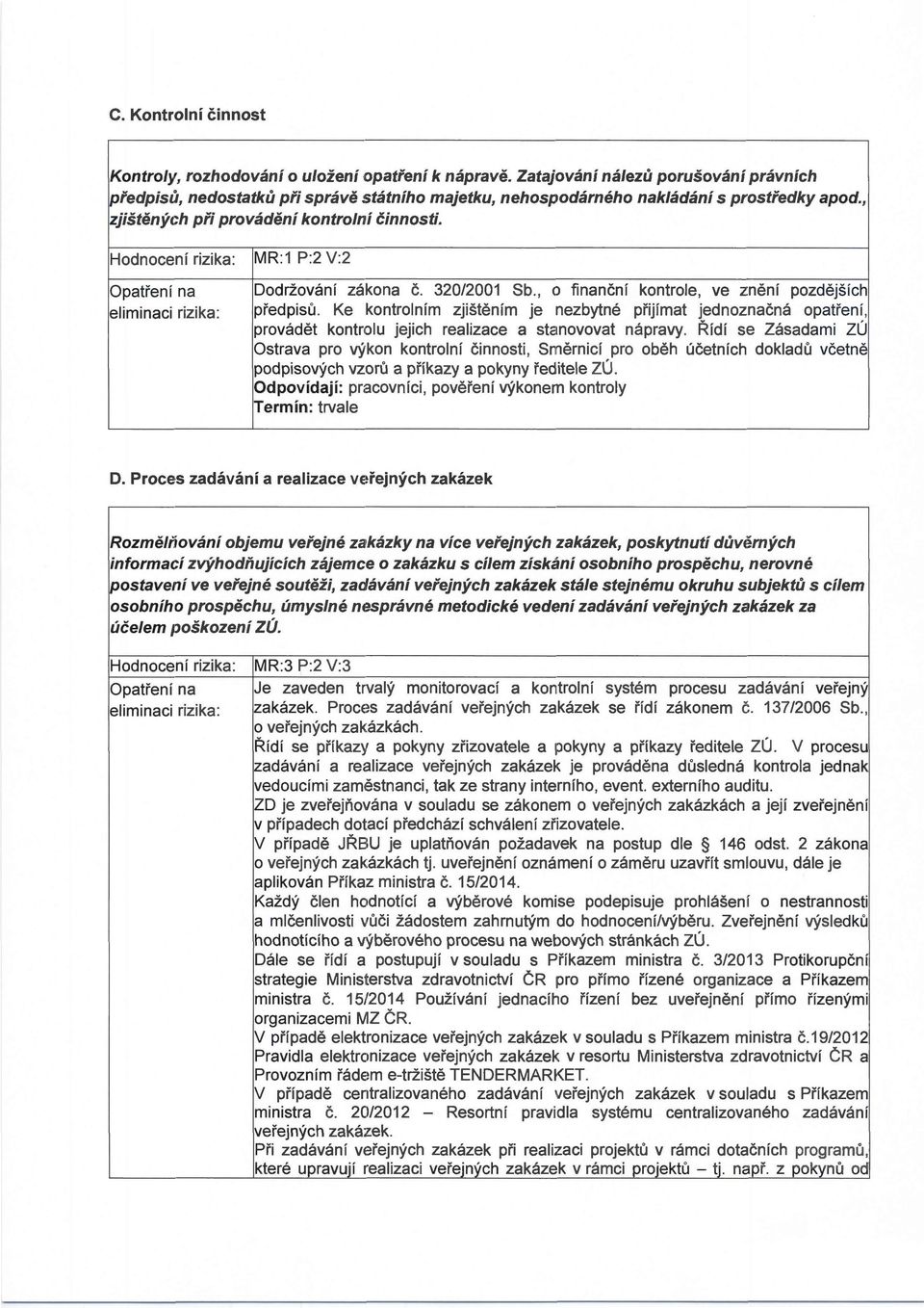 Hodnocení rizika: MR:1 P:2 V:2 Opatření na Dodržování zákona č. 320/2001 Sb., o finančn í kontrole, ve znění pozdějších eliminaci rizika: předpisů.