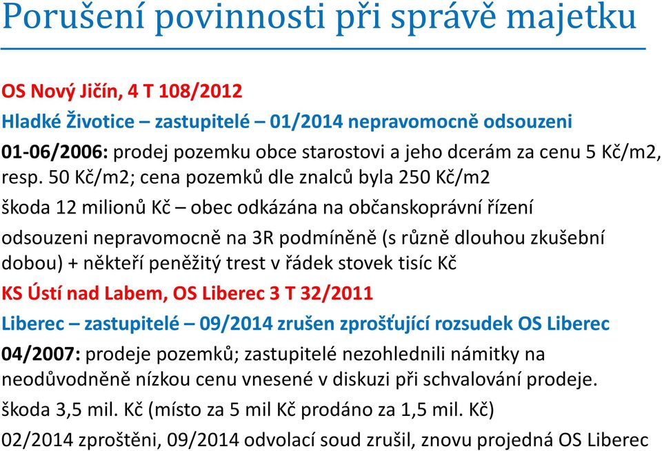 peněžitý trest v řádek stovek tisíc Kč KS Ústí nad Labem, OS Liberec 3 T 32/2011 Liberec zastupitelé 09/2014 zrušen zprošťující rozsudek OS Liberec 04/2007: prodeje pozemků; zastupitelé nezohlednili