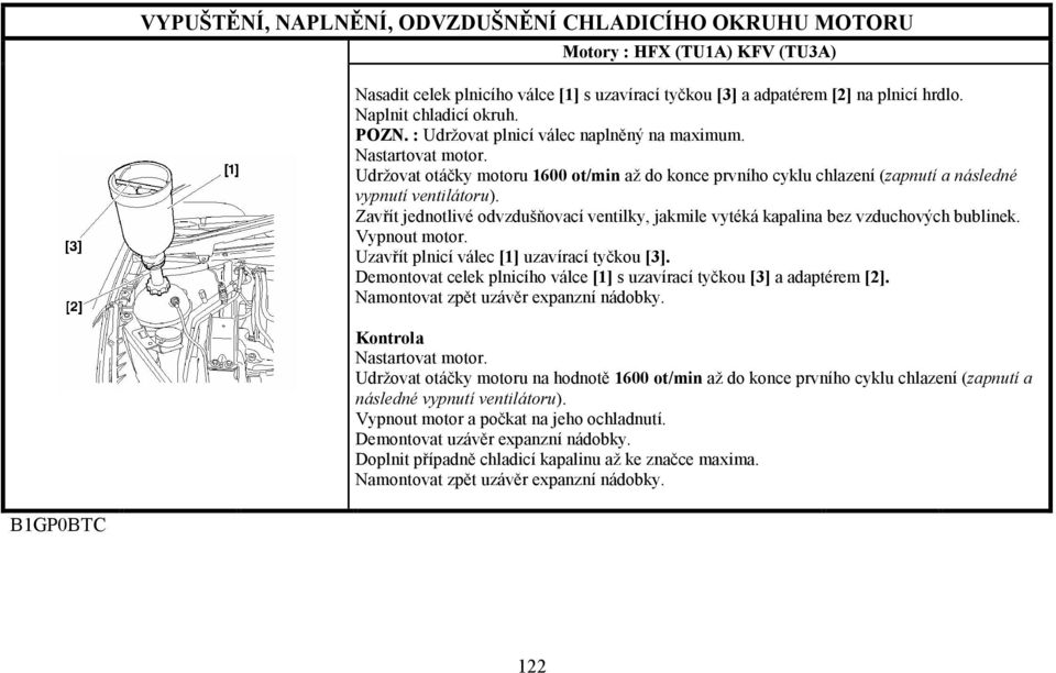 Zavřít jednotlivé odvzdušňovací ventilky, jakmile vytéká kapalina bez vzduchových bublinek. Vypnout motor. Uzavřít plnicí válec [1] uzavírací tyčkou [3].